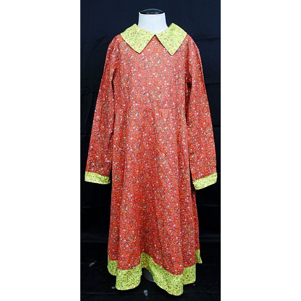 Girl Long Dress Sz 8 Prairie Style Calico Yellow Red Floral Western CottageCore